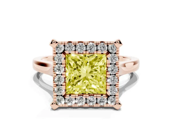 Fancy Yellow Princess Cut Diamond Cluster Halo Solitaire with Four-Prong Setting Rose gold