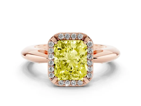 Fancy Yellow Radiant Cut Cut Diamond Halo Engagement Ring with Split Shank and Four-Prong Setting Rose gold