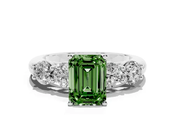 Fancy Green Emerald Cut Cut Five-Stone Prong Set Diamond Ring with Classic Band White gold