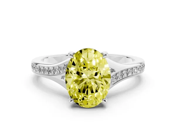 Fancy Yellow Oval Cut Diamond Solitaire Ring with Pavé Band and Prong Setting White gold