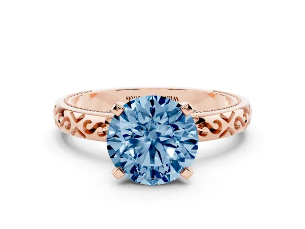 Fancy Blue Round Cut Solitaire Engagement Ring with Scrollwork Band and Four-Prong Setting Rose gold