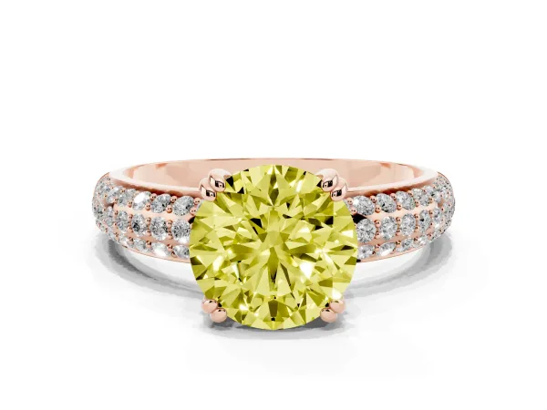 Fancy Yellow Round Cut Diamond Solitaire Ring with Multi-Row Round Pavé Band and Prong Setting Rose gold
