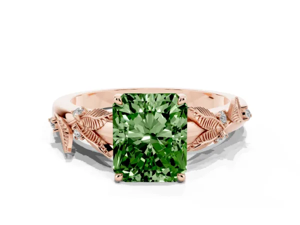 Fancy Green Radiant Cut Diamond Solitaire Ring with Leaf Motif Band and Four-Prong Setting Rose gold