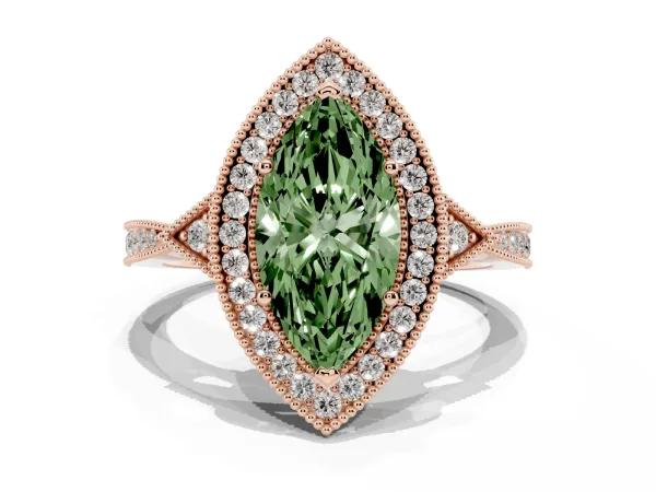 Fancy Green Marquise Cut Halo Round Diamond Milgrain Pave Engagement Ring Rose gold
