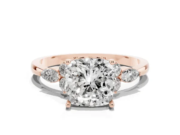 Cushion Cut Brilliant Diamond Solitaire Ring with Pear Side Stones and Four-Prong Setting Rose gold