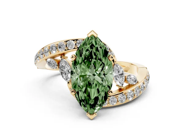 Fancy Green Marquise Cut Solitaire with Pavé Twist Band and Four-Prong Setting Yellow gold