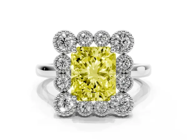 Fancy Yellow Radiant Cut Halo Diamond Cluster Engagement Ring with Milgrain Bezel Setting and Solitaire Band Platinum