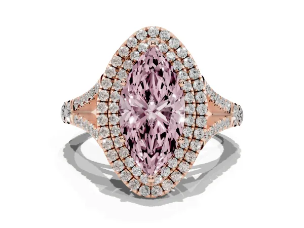 Fancy Pink Marquise Cut Cut Double Halo Split Shank Diamond Ring with Prong Setting Rose gold