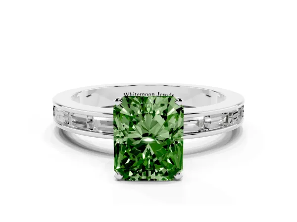 Fancy Green Radiant Cut Solitaire Diamond Ring with Channel-Set Baguette Band and Four-Prong Setting Platinum