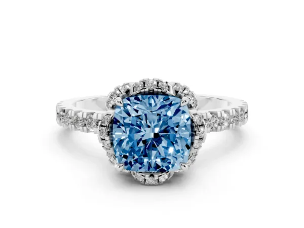 Fancy Blue Cushion Cut Diamond Halo Pave Band with Four-Prong Setting Platinum