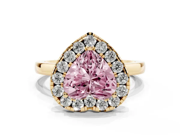 Fancy Pink Heart Cut Halo Diamond Solitaire with Pavé Band and Four-Prong Setting Yellow gold