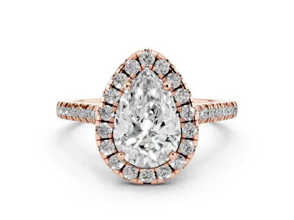 Pear Cut Diamond Cushion Halo Ring with Pavé Band Rose gold