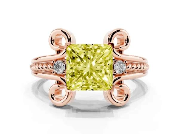 Fancy Yellow Princess Cut Solitaire Twisted Band Scroll Prong Ring Rose gold