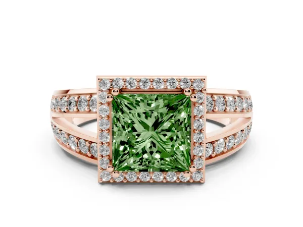 Fancy Green Princess Cut Diamond Halo Ring with Split Shank Pavé Band and Four-Prong Setting Rose gold
