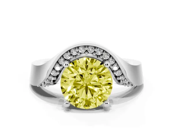 Fancy Yellow Round Cut Solitaire Diamond Engagement Ring with Pave Band and Four-Prong Setting Platinum