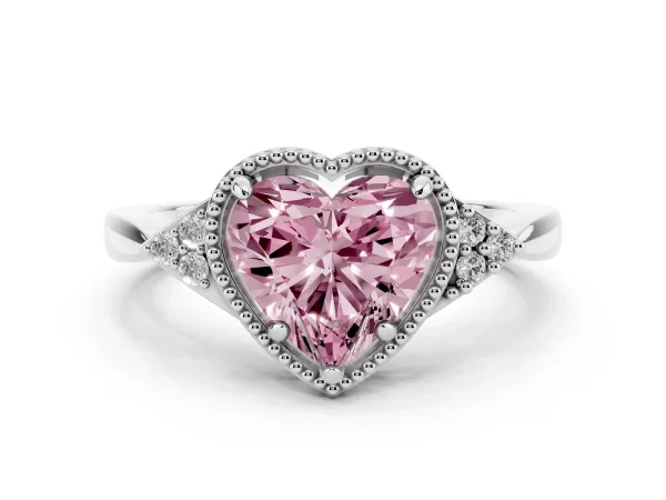 Fancy Pink Hexagonal Halo Heart Cut Diamond Solitaire with Pavé Band and Four-Prong Setting Platinum