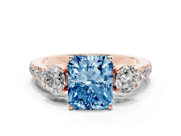 Fancy Blue Radiant Cut Cut Diamond Three-Stone Ring with Round Side Stones and Pavé Band Rose gold