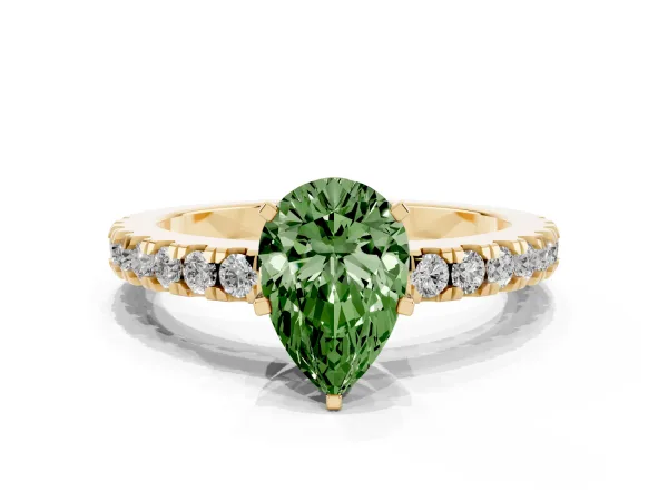 Fancy Green Pear Cut Solitaire Diamond with Pavé Band and Four-Prong Setting Yellow gold