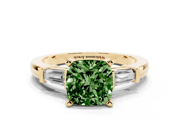Fancy Green Cushion Cut Cut Diamond Solitaire Ring with Tapered Baguette Accents and Four-Prong Setting Yellow gold