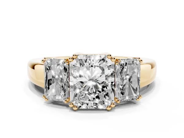 Three-Stone Radiant Cut Cut Diamond Ring with Channel Set Band and Four-Prong Setting Yellow gold