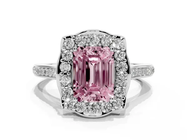 Fancy Pink Emerald Cut Halo Round Diamond Pave Band with Four-Prong Setting Platinum
