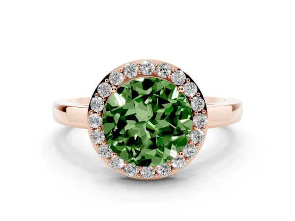 Fancy Green Round Cut Halo Diamond Ring with Solitaire Band and Prong Setting Rose gold