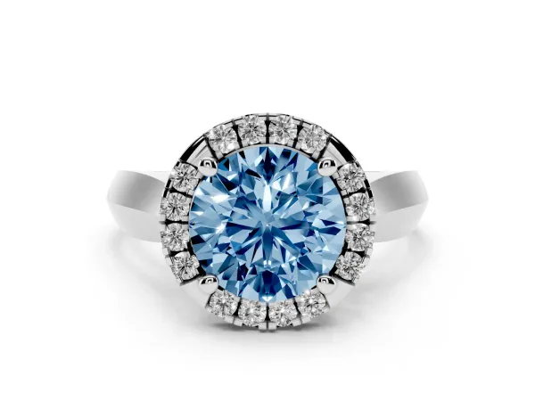 Fancy Blue Round Cut Cut Halo Solitaire Engagement Ring with Square Band and Four-Prong Setting White gold