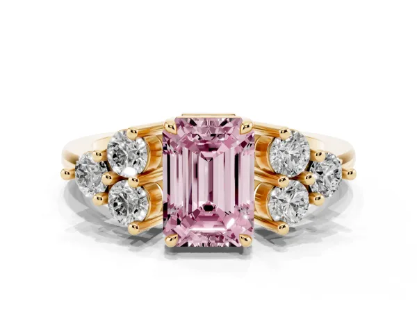 Fancy Pink Emerald Cut Brilliant Diamond Cluster Accent Solitaire Ring with Prong Setting Yellow gold