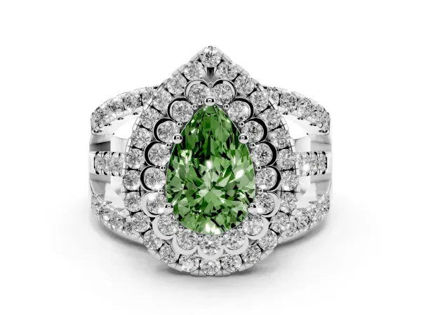 Fancy Green Pear Cut Diamond Double Halo Ring with Round Pavé Split Shank and Prong Setting Platinum