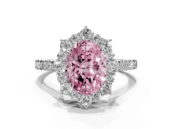 Fancy Pink Oval Cut Halo Diamond Ring with Pavé Band and Prong Setting Platinum
