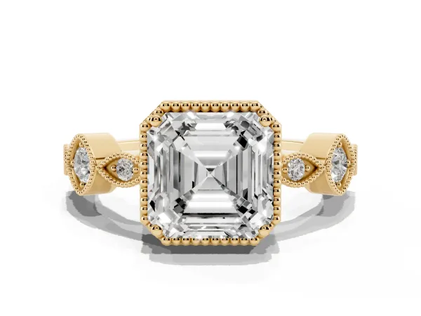 Asscher Cut Diamond Vintage Milgrain Ring with Round Stations Yellow gold