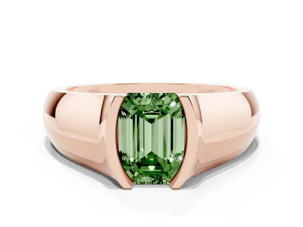 Fancy Green Emerald Cut Solitaire Bezel Set Diamond Ring with Wide Band Rose gold
