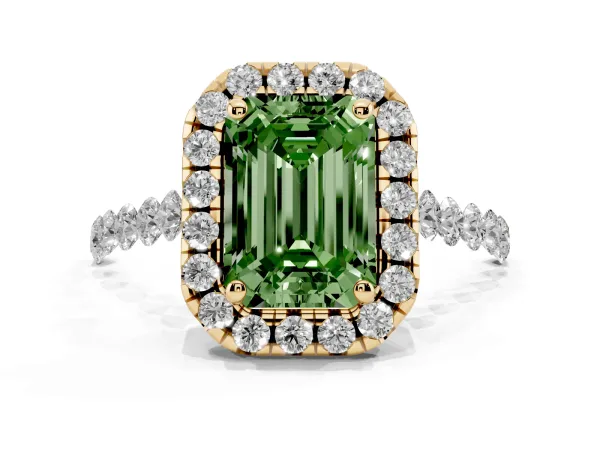 Fancy Green Emerald Cut Halo Pavé Diamond Engagement Ring with Four-Prong Setting Yellow gold