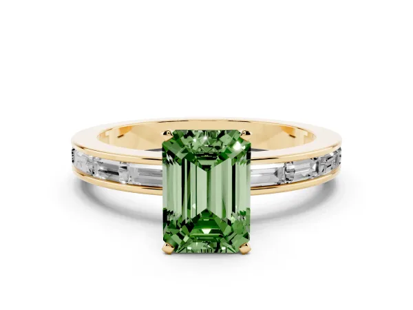 Fancy Green Emerald Cut Solitaire Diamond Ring with Channel-Set Baguette Band and Four-Prong Setting Yellow gold