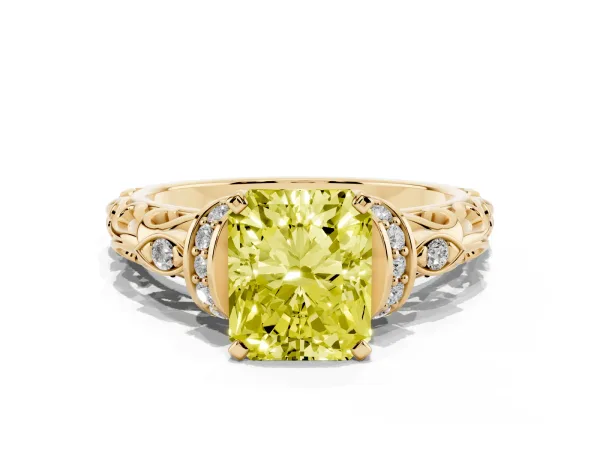 Fancy Yellow Radiant Cut Diamond Solitaire Ring with Filigree Band and Four-Prong Setting Yellow gold