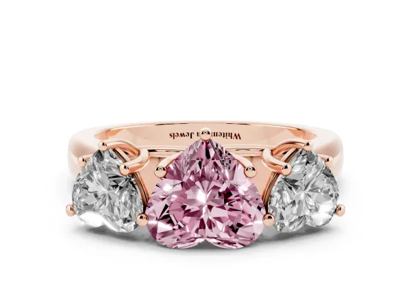 Fancy Pink Heart Cut Three-Stone Diamond Ring with Prong Setting on a Classic Band Rose gold