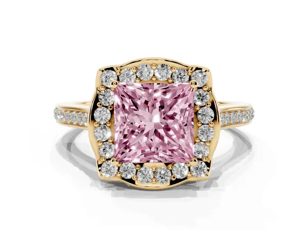 Fancy Pink Princess Cut Halo Round Diamond Pave Band with Four-Prong Setting Yellow gold