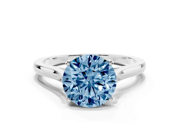 Fancy Blue Round Cut Solitaire Heart Prong Engagement Ring with Tapered Band Platinum