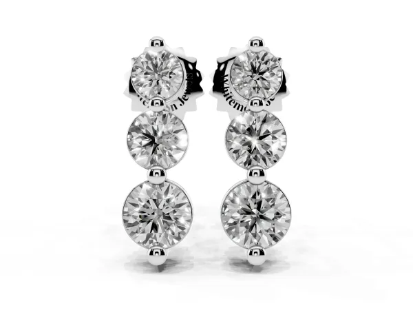 Three-Stone Round Diamond Drop Earrings with Prong Setting on White Gold Silver