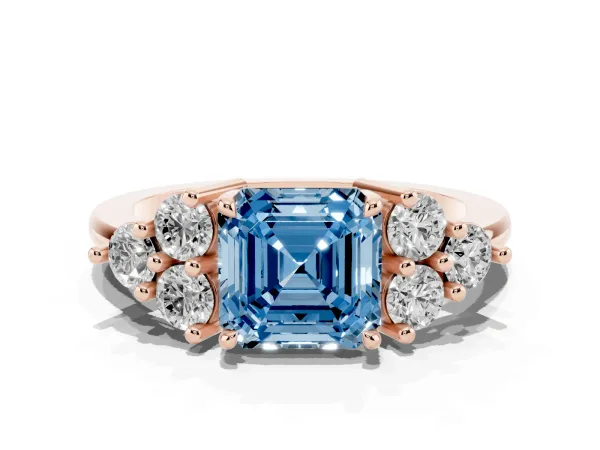 Fancy Blue Asscher Cut Brilliant Diamond Cluster Accent Solitaire Ring with Prong Setting Rose gold