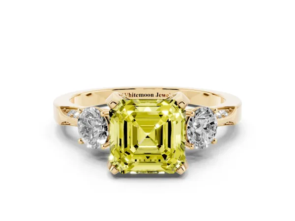 Fancy Yellow Asscher Cut Brilliant Three-Stone Diamond Ring with Pavé Band and Four-Prong Setting Yellow gold