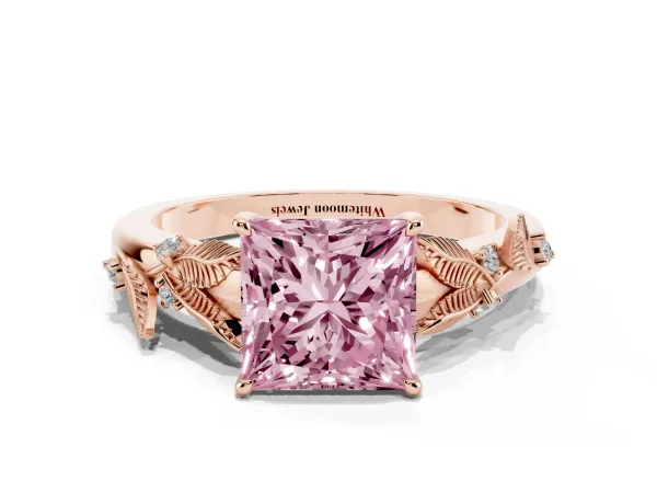 Fancy Pink Princess Cut Diamond Solitaire Ring with Leaf Motif Band and Four-Prong Setting Rose gold