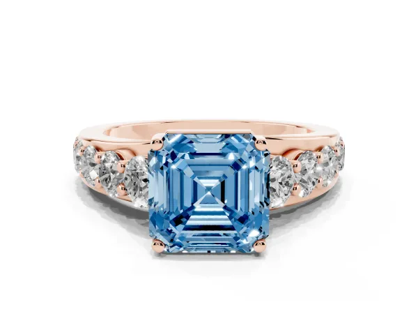 Fancy Blue Asscher Cut Diamond Engagement Ring with Pavé Band and Four-Prong Setting Rose gold