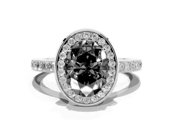 Fancy Black Oval Cut Diamond Halo Ring with Bezel Frame and Pavé Band White gold