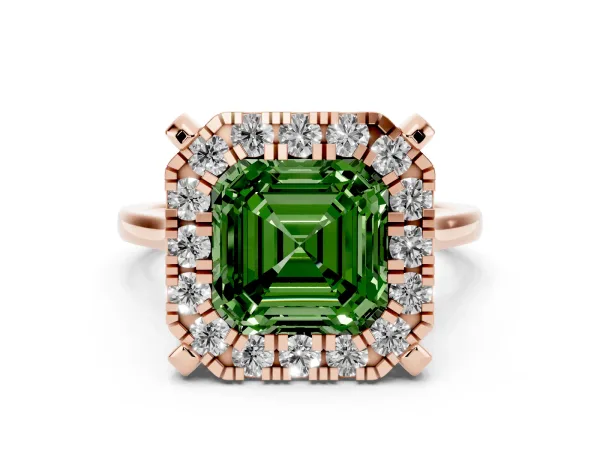 Fancy Green Asscher Cut Diamond Cluster Halo Solitaire with Four-Prong Setting Rose gold