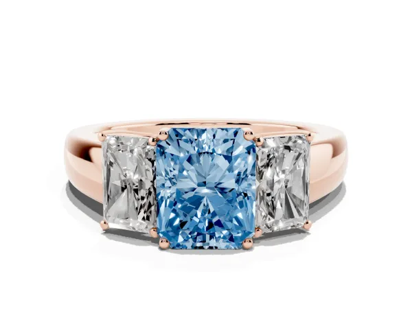 Fancy Blue Three-Stone Radiant Cut Cut Diamond Ring with Prong Setting and Classic Band Rose gold