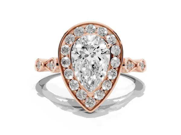 Pear Cut Halo Diamond Engagement Ring with Twisted Band and Four-Prong Setting Rose gold