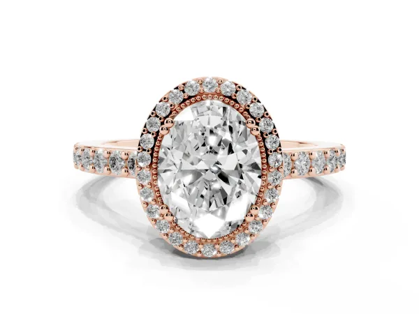 Oval Cut Cut Diamond Halo Engagement Ring with Milgrain Detail and Pavé Band Rose gold