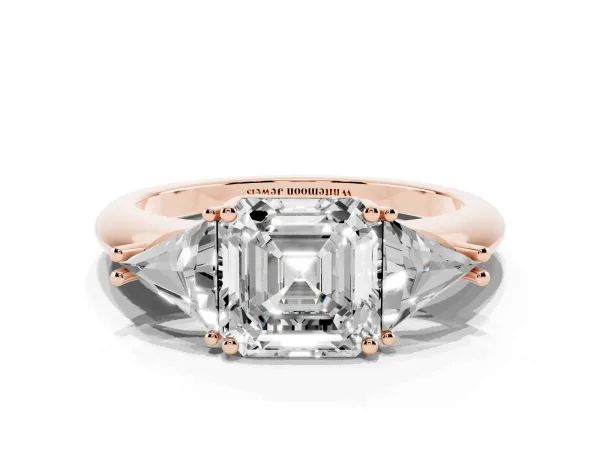 Three-Stone Asscher Cut Diamond Engagement Ring with Trillion Side Stones and Prong Setting Rose gold