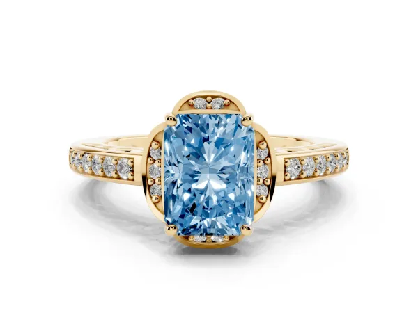Fancy Blue Radiant Cut Cut Halo Diamond Ring with Channel Set Band and Four-Prong Setting Yellow gold